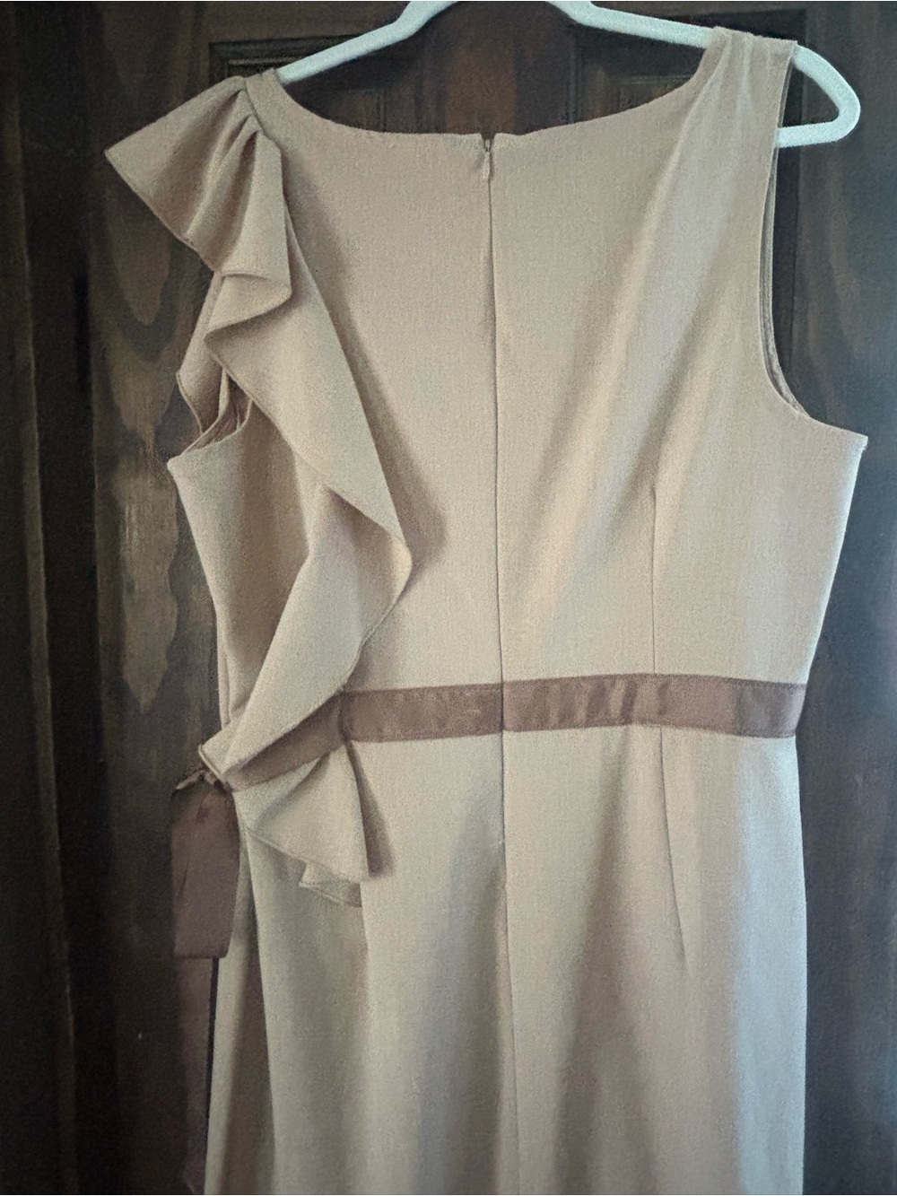 New York & Company Shoulder Ruffle Dress in Taupe with Brown Waistband